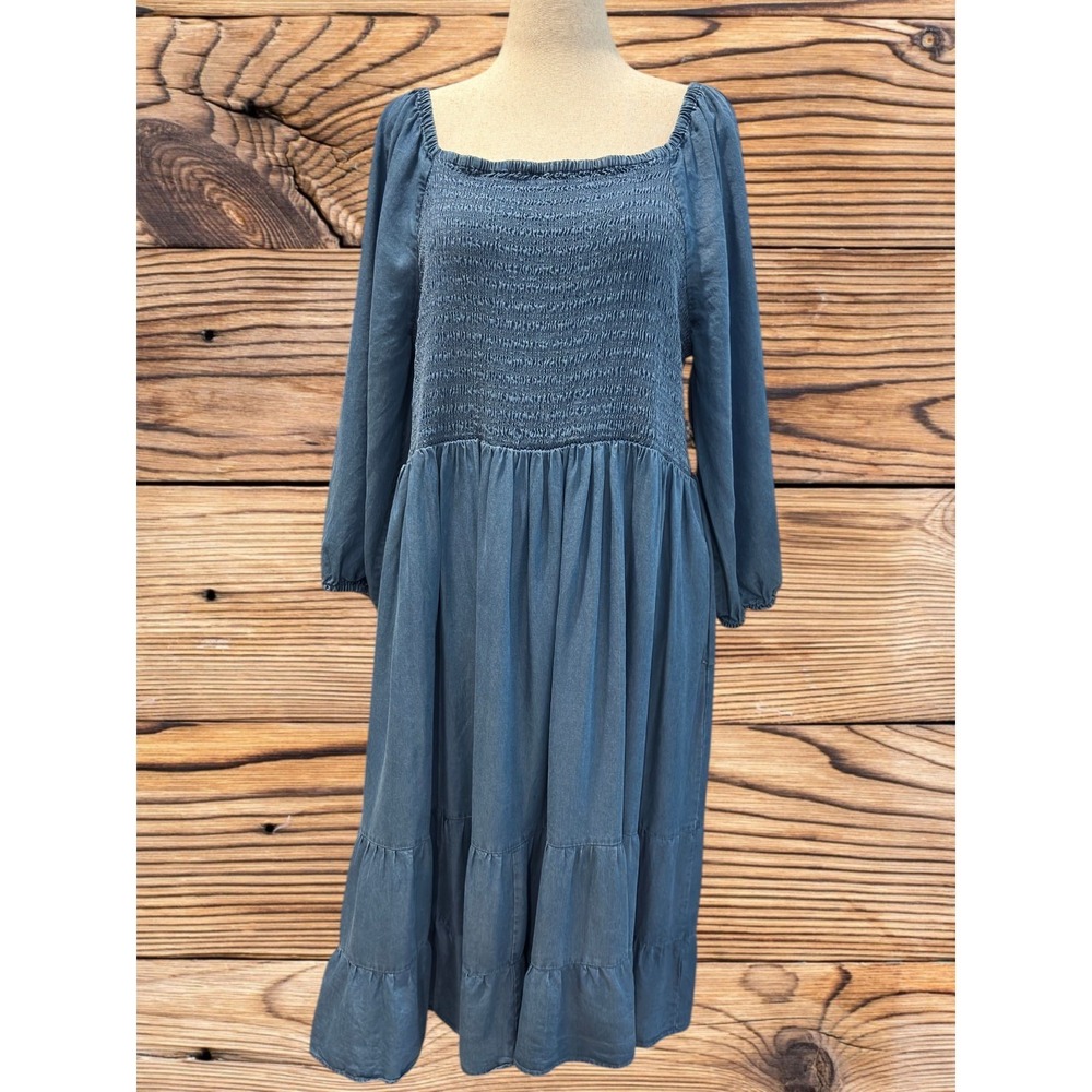 Terra & Sky 3X 100% Lyocell Smocked Peasant Maxi Dress Blue Cottagecore Pockets